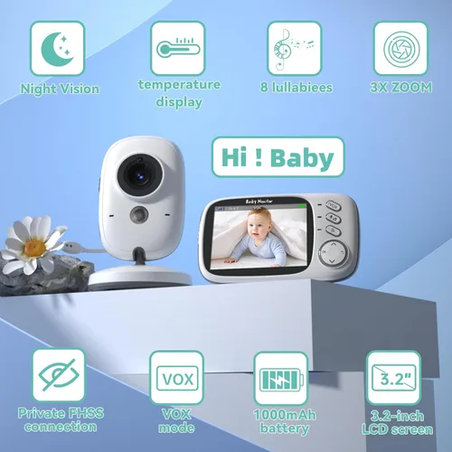 Vista 2 de Monitor de bebé sin WiFi con cámara y audio, conexión sin retraso, plug & play, pantalla IPS, cámara HD, visión nocturna, comunicación