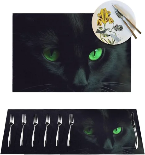 6 PCS PVC Placemats Set Place Mats Black cat Green Eyes Non-Slip Weave Place Mats 12" x 18" Farmhouse Table Mat Set for Family Dinners Wedding