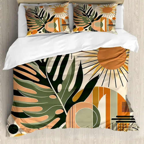 Vista 50 de Ambesonne Monstera - Juego de funda de edredón, estilo escandinavo bohemio, estampado triangular poligonal geométrico, juego de ropa de cama