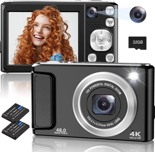 Vista 10 de Cámara digital 4K, cámaras de enfoque automático de 48 MP para fotografía, cámara compacta de vlogging con cámara frontal y trasera, cámaras