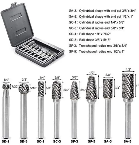 Vista 2 de Carbide Burr Set with 1/4''(6.35mm) Shank 8pcs Double Cut Solid Carbide Rotary Burr Set for Die Grinder Drill, Metal Wood Carving