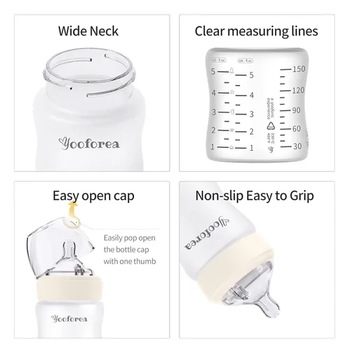 Vista 6 de Yooforea Biberón de vidrio recubierto de silicona, 0 M+ pezón de flujo lento I anticólicos, cuello ancho, base estable I revestimiento de silicona Té
