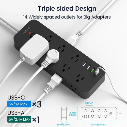 Vista 5 de Regleta de protección contra sobretensiones con puertos USB, 14 salidas de CA con 4 puertos USB (1 USB C), cable de 5 pies con múltiples tomas, 1875