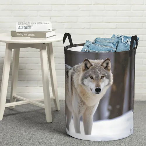 Vista 8 de wolf in the snow print Circular Hamper Waterproof Storage Bin Organizer Basket Laundry Hamper With Handles For Clothes Toys Small