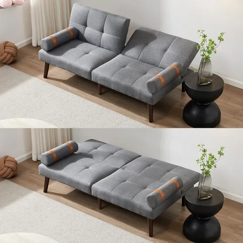 Vista 14 de HMFULE Sofá cama convertible con patas de madera maciza, tela de lino, moderno sofá futón tapizado ajustable para espacio de vida compacto, azul