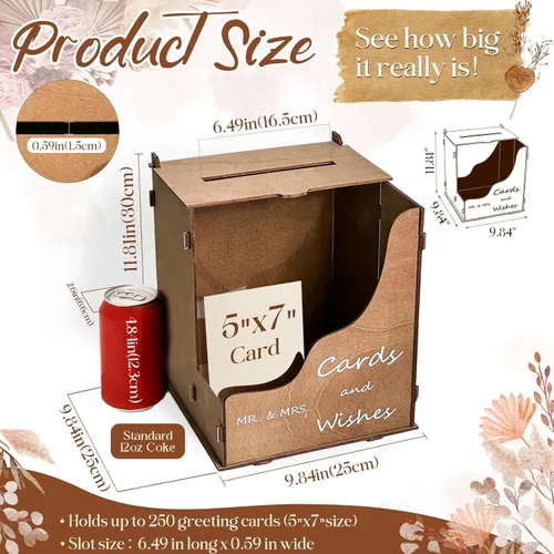 Vista 3 de OurWarm Caja de tarjetas de boda de madera con canal de flores onduladas, cajas de tarjetas de boda rústicas de color marrón para recepción