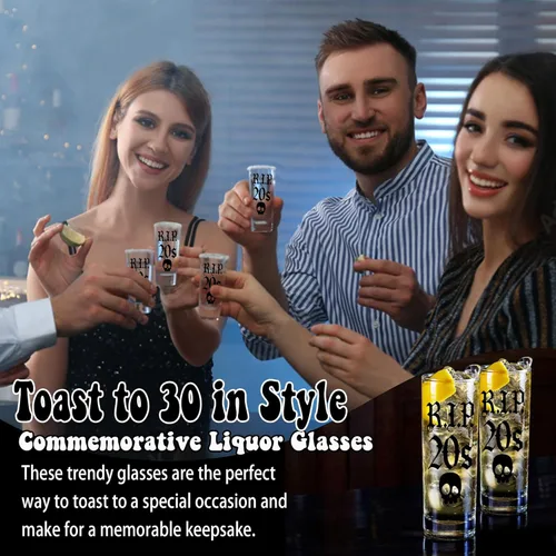 Vista 5 de JUSTOTRY Vaso de chupito de 30 cumpleaños – RIP 20 regalos de cumpleaños para ella, vaso de chupito de 2 onzas, mejores decoraciones de cumpleaños