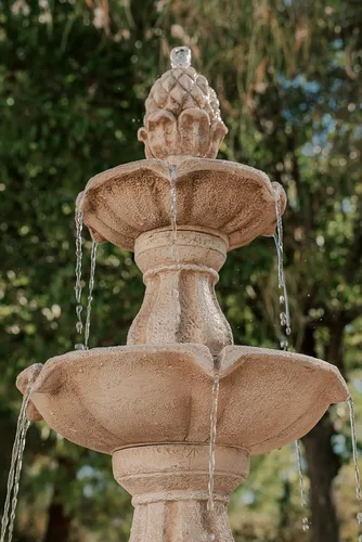 Vista 4 de XBrand Fuente de cascada independiente de 3 niveles para exteriores de 51 pulgadas con bomba y remate de piña, beige