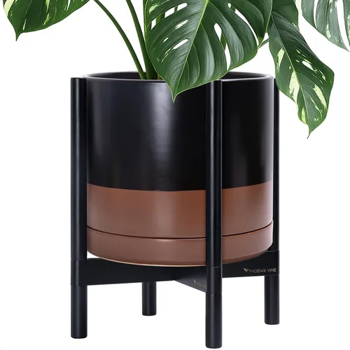 Vista 70 de D'vine Dev Maceta de cerámica con soporte de ébano – Maceta redonda moderna de 8 pulgadas con soporte para maceta de madera, color negro, 55-B-M-2