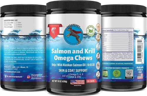 Vista 8 de Wild Alaskan Salmon Krill - Masticables de aceite de krill para perros, 120 golosinas suaves, suplemento de pescado Omega 3 6 9, EPA, DHA para piel