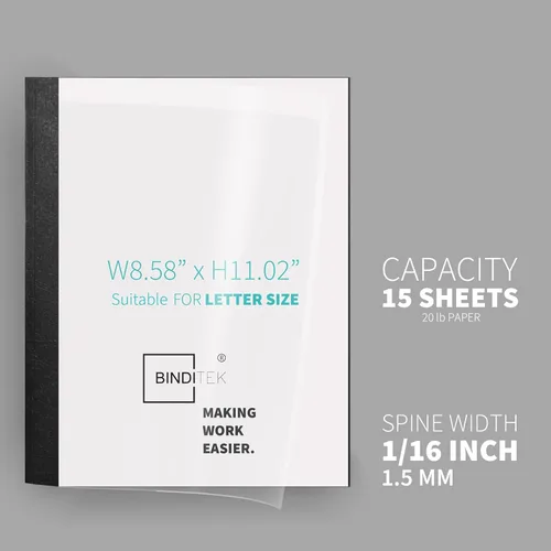 Vista 3 de Binditek Paquete de 10 cubiertas de presentación de encuadernación térmica, lomo de 1/16 pulgadas, capacidad para 15 hojas, cubierta frontal ultra