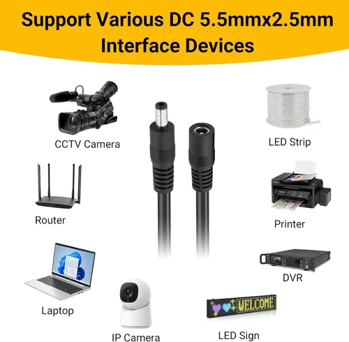 Vista 5 de CENSHI 2 cables de extensión de alimentación CC de 18 AWG con conector macho a hembra de 0.217 in x 0.098 in para CCTV IP cámara interior DVR