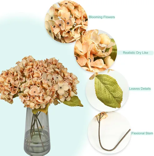 Vista 8 de TOPIA Flores de otoño de seda, hortensias secas artificiales, ramo de otoño, flores secas falsas para decoración del hogar (6 unidades)
