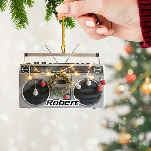 Adorno de Navidad retro Boombox personalizado, plano en 2D, decoración de árbol de radio, reproductor de cassette vintage, único para amantes de la