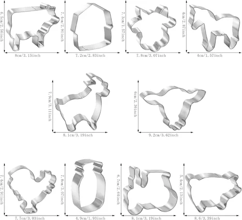 Vista 2 de Juego de 10 cortadores de galletas de granja con folleto de recetas, gallo, vaca, cerdo, cordero, caballo, granero y tractor, cara de vaca, botella