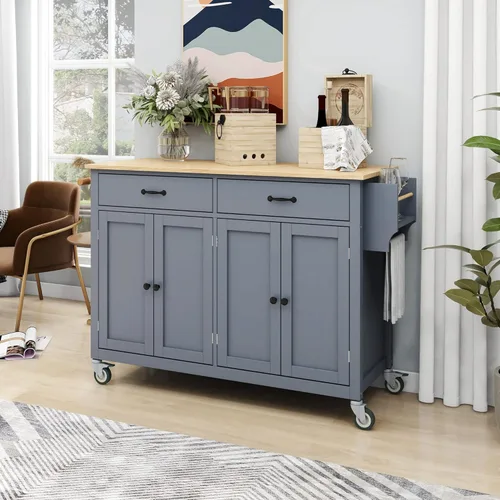 Vista 6 de LUMISOL Carrito de isla de cocina con ruedas de bloqueo con 2 cajones y 4 gabinetes, isla de cocina rodante con estantes ajustables, mesa de madera