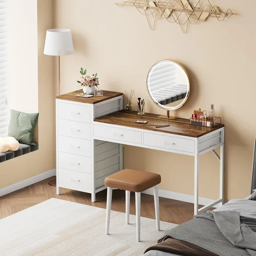 Vista 7 de Escritorio para computadora con cajón reversible, escritorios de oficina en casa de 55 pulgadas con 7 cajones, estación de trabajo moderna