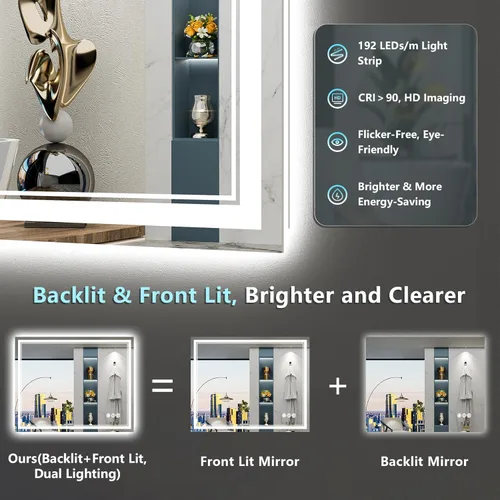 Vista 3 de Espejo de baño LED de 20 x 28 pulgadas con luces, retroiluminado y frontal iluminado antivaho para pared de baño, regulable, luz de 3