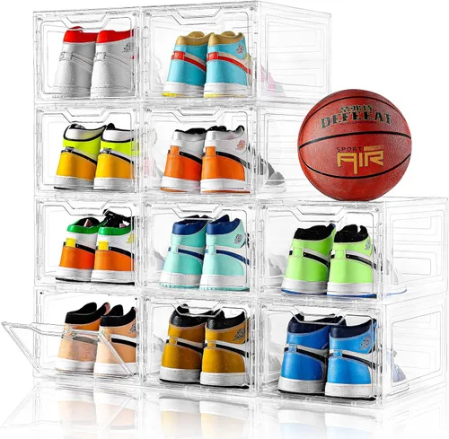 Paquete de 10 cajas grandes para zapatos de plástico transparente apilables, organizador de almacenamiento de zapatos con tapas, estante para