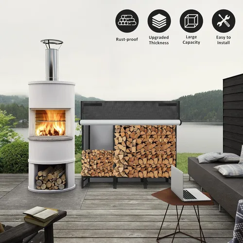 Vista 7 de KYATE - Estante para leña de 4 pies para exteriores con cubierta, soporte para almacenamiento de leña para chimenea, soporte resistente