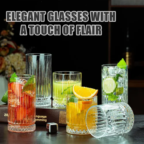 Vista 7 de Vasos de Cristal para Beber, Juego de 8 Vasos de Vidrio Duraderos-4 Vasos Highball de 15oz y 4 Vasos Rocks de 12oz, Vasos de Mojito, Vasos