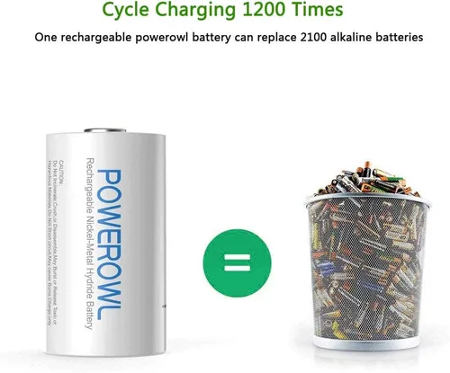 Vista 4 de POWEROWL Baterías recargables D de 10000 mAh de baja autodescarga, NiMH, precargadas, 4 unidades (Recharge Universal)