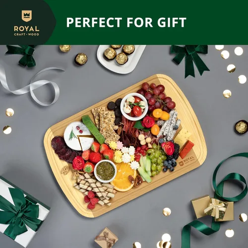 Vista 8 de ROYAL CRAFT WOOD Tablas de cortar de madera para preparar comidas y servir en la cocina, juego de tablas de servir de madera de bambú con asas