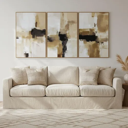 Vista 16 de Zessonic Arte de Pared 3D con Textura Grande Conjunto Neutro de 3-24"x36" Pinturas de Lienzo Abstractas Pintadas a Mano Enmarcadas Marrones