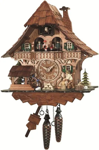 Engstler Reloj de cuco de cuarzo, casa de la selva negra con picador de madera móvil y rueda de molino, con música EN 496 QMT