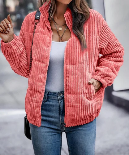 Vista 3 de Angashion Chaqueta bomber de pana acanalada acolchada con cremallera para mujer, abrigo de invierno de manga larga con bolsillos