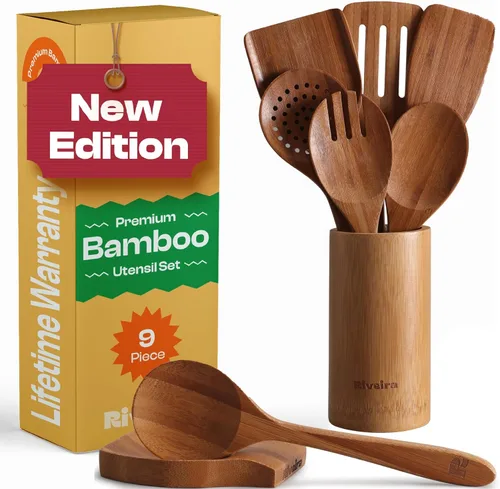 Vista 11 de Riveira Juego de 6 Utensilios de Cocina de Madera de Bambú Marrón de Calidad Premium, No Tóxicos, Resistentes al Calor, Cucharas y Espátula
