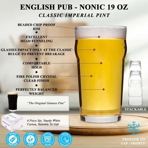 Vista 5 de Nonic - Juego de 2 vasos de pinta de 20 onzas, vasos de cerveza artesanal sin plomo, apilables aptos para lavavajillas para IPA Ale Lager