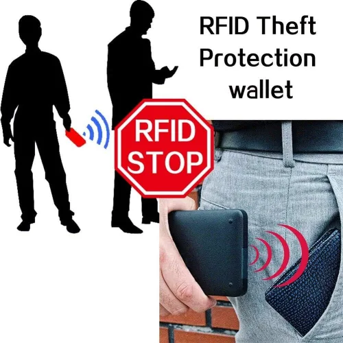 Vista 7 de Cartera de cuero genuino para hombre, con bloqueo RFID, plegable, elegante, billetera plegable con cadena de acero inoxidable, billetera abatible