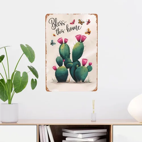 Vista 2 de Decorative Bless This Home Cactus Succulent Plants metal tin sign 8x12 inch wall decor for indoor spaces, bar, man cave, cabin and rustic home