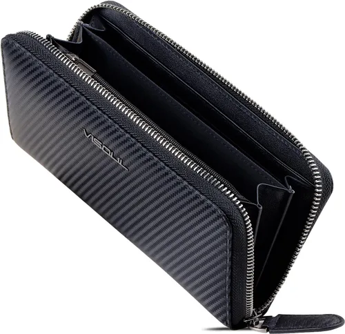 VISOUL Cartera larga de cuero con cremallera para hombres y mujeres con bloqueo RFID, cartera larga de embrague grande con cremallera, Negro+Negro,