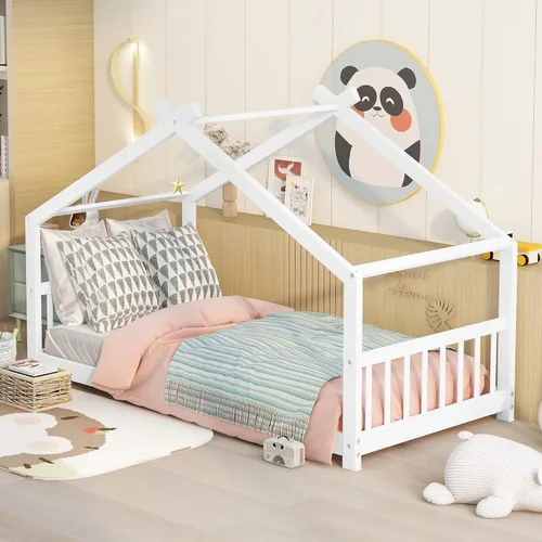 Cama de casa de tamaño individual para niños, base de cama Montessori tamaño individual con cabecero y estribo, cama de madera para niños y niñas,