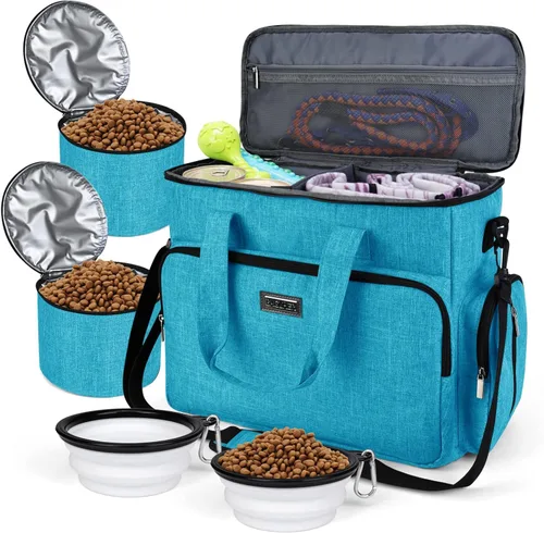 Vista 28 de BAGLHER Bolsa de viaje para perros, bolsa de viaje para mascotas (todos los suministros de viaje para mascotas), con 2 recipientes de comida