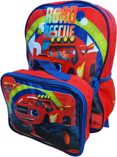 Vista 2 de Ruz Blaze the Monster Machine Mochila de tamaño completo de 16 pulgadas con lonchera desmontable, Rojo, multi color, Combo de almuerzo con mochila