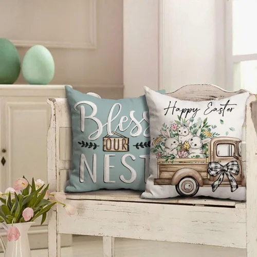 Vista 4 de DFXSZ Fundas de almohada de Pascua de 18 x 18 pulgadas, juego de 4 fundas de almohada de poliéster con diseño de hojas de eucalipto de conejo