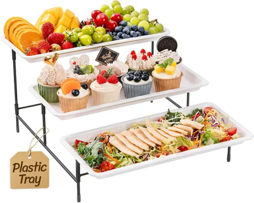 Vista 11 de Lifewit Bandeja para servir de 3 niveles, 12" x 6.5" platos de plástico blanco escalonados para servir alimentos, soporte de bandeja escalonada