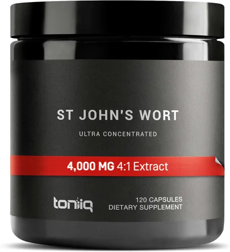Toniiq Cápsulas de hierba de San Juan de ultra alta resistencia de 1,000 mg (sin OMG), extracto concentrado 4X, hipericina al 0,3%, altamente