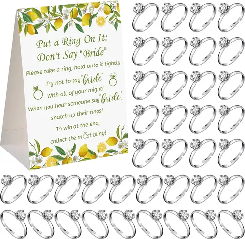 Vista 8 de Woanger Juego de despedida de soltera con 50 anillos falsos, temática de vegetación rústica, juegos de boda, anillos de compromiso y tarjetas de Oro