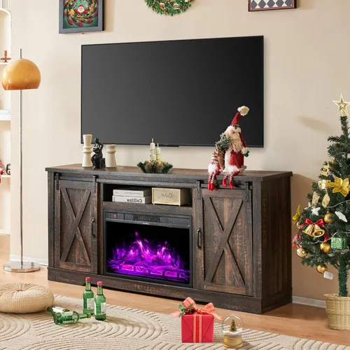 Vista 9 de AMERLIFE Soporte de TV con chimenea con puerta corrediza de granero para televisores de hasta 73 pulgadas, centro de entretenimiento con chimenea