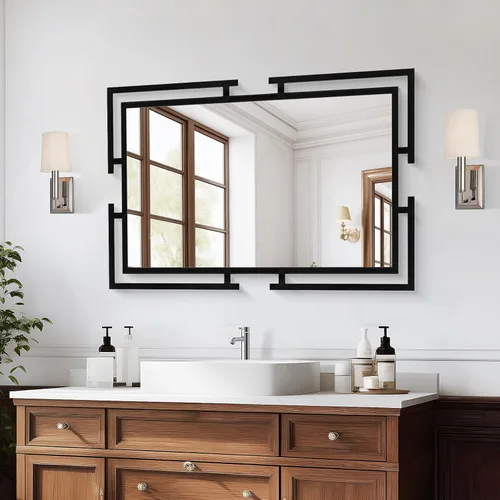 Espejo de pared decorativo grande, espejo negro de 24 x 36 pulgadas para baño, espejo templado para decoración de pared con marco de metal para sala