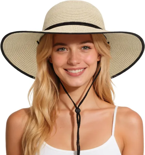 Vista 7 de Sombreros de sol para mujer, sombrero de playa de paja de ala ancha de Beige