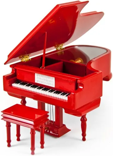 Vista 3 de Sofisticado piano musical en miniatura de 18 notas Piano de cola rojo brillante con banco Muchas canciones para elegir Bailarín de caja de música