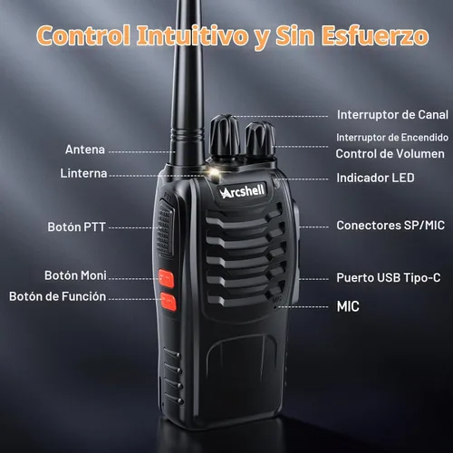 Vista 2 de Radios bidireccionales recargables de largo alcance con auricular, paquete de 2 walkie talkies Arcshell AR-5, batería de iones de litio y cargador