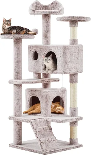 Vista 35 de Yaheetech Torre de árbol para gatos de 54 pulgadas, árbol de varios niveles para gatos de interior con postes rascadores, bolas colgantes, casa