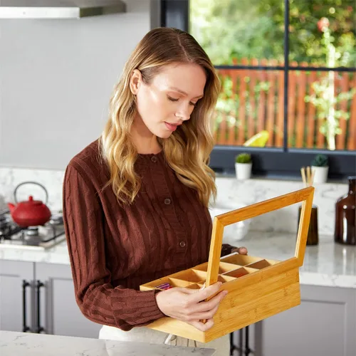 Vista 4 de RoyalHouse Organizador grande de almacenamiento de té de bambú natural con ventana superior de acrílico transparente, 8 compartimentos, soporte