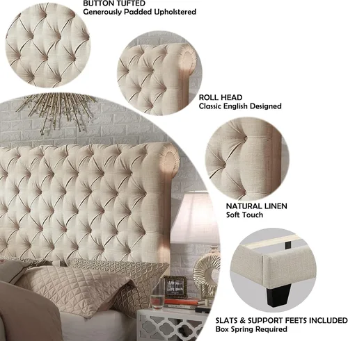 Vista 17 de Rosevera Gideon - Marco de cama tapizado de tela con cabecera ajustable, estilo Chesterfield, soporte de listones de madera, fácil montaje